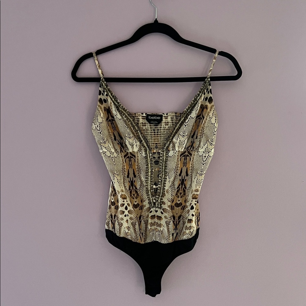 Bebe Exotic Print Bodysuit in Tan and Black
